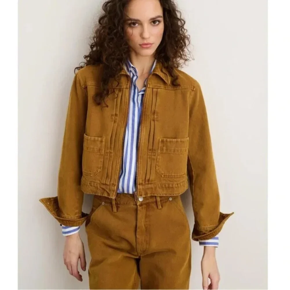 NWOT | Alex Mill Shrunken Zip Jacket in Recycled Denim Golden Khaki - Picture 2 of 11